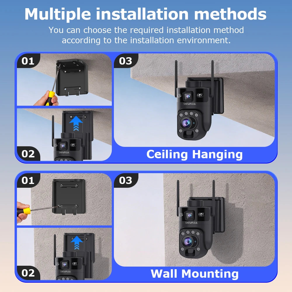 SHIWOJIA 60X ZOOM Solar Camera 4G 10MP AOV 24/7 Video Recording Dual Lens 360° 14W Solar Panel Security WIFI Camera PIR Monitor