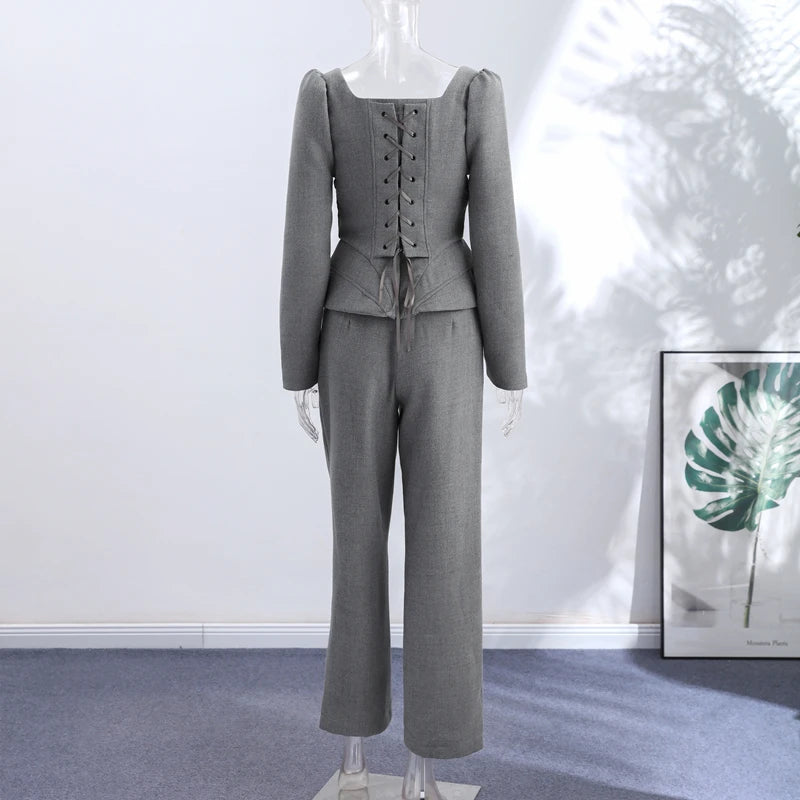 Casual Solid Woolen Top Pants Set Women Puff Full Sleeve Closed Waist Blouse Straight Trousers Sets 2026 Autumn Winter Lady Suit