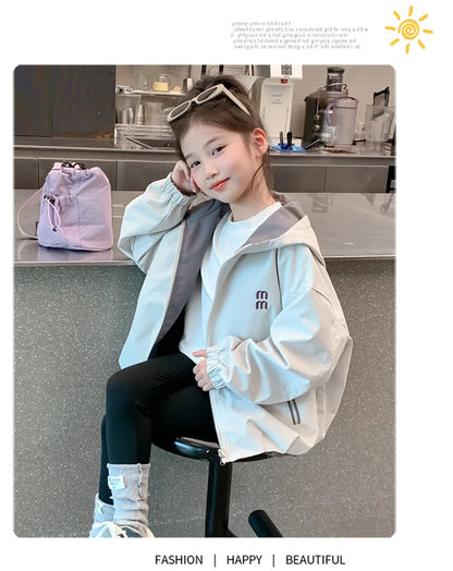 2026 Spring Autumn Girls Reversible Waterproof Hooded Jacket Teen Kid Letter Print Windbreaker Coat Children Loose Outerwear Top