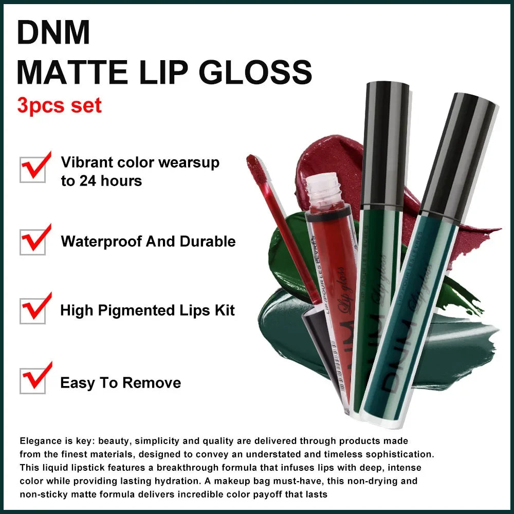 DNM 3PCS Liquid Lipstick Sets Waterproof Matte Black Blue Purple Blue Sexy Lip Gloss Long Lasting Nude Lip Tint Stain Makeup Kit