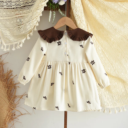 Sweet and Lovely Pink Baby Girl Doll Collar Long Sleeved Floral Princess Dress Korean Version Autumn New