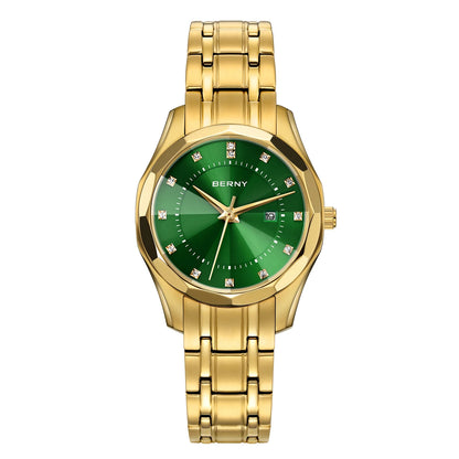 BERNY Golden Watch for Women Quartz Luxury Diamond Shape Lens Ladies Wristwatch Waterproof Stainless Steel Fashion Women Watch