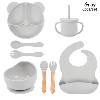Feeding Set Silicone For Baby Sucker Bowl Dishes Plate For Kids Bear Plate Set Baby Tableware Children's Cup With Straw 8Pcs