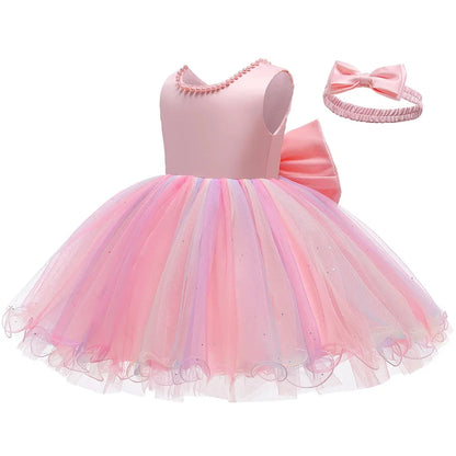 Infant Baby Tulle Backless Pageant Wedding Party Flower Girls Big Bow Dress With Headwear For Toddler Baptism Birthday Prom Gown