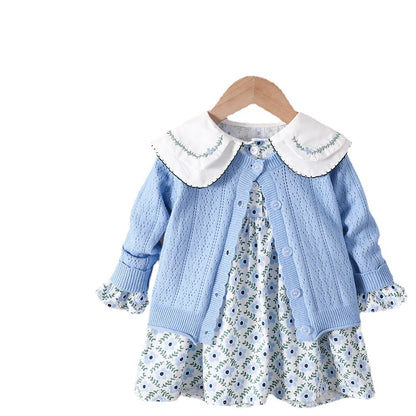 2PCS Baby Girl Clothes Set Spring Autumn Children Clothing Flower Dress+Knit Jacket Outerwear Suit Kids Toddler Outfits