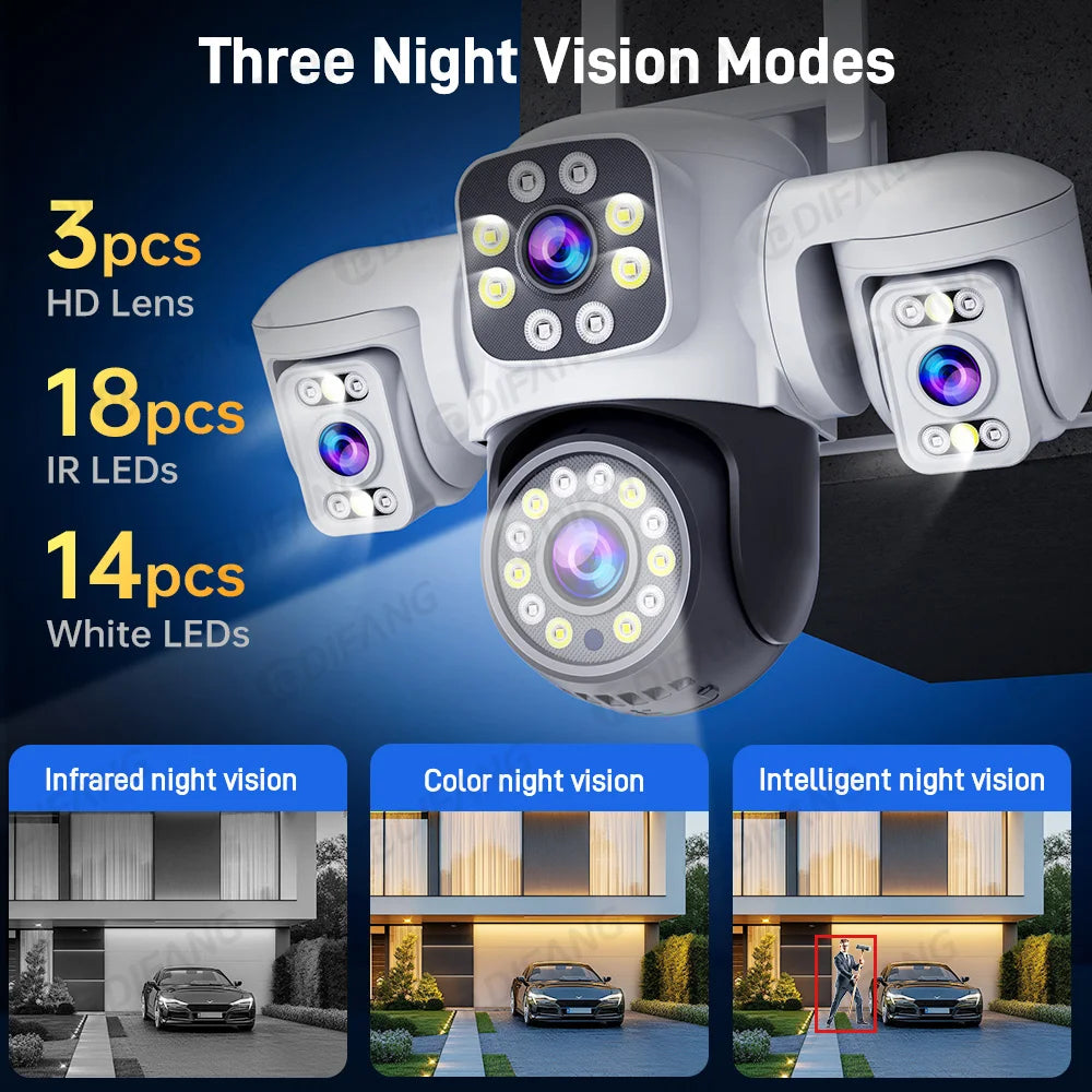 Yoosee 15MP WIFI Security Camera Outdoor AI Human Tracking 3 Lens 3 Screens 360° PTZ Surveillance Full Color Night Vision CCTV