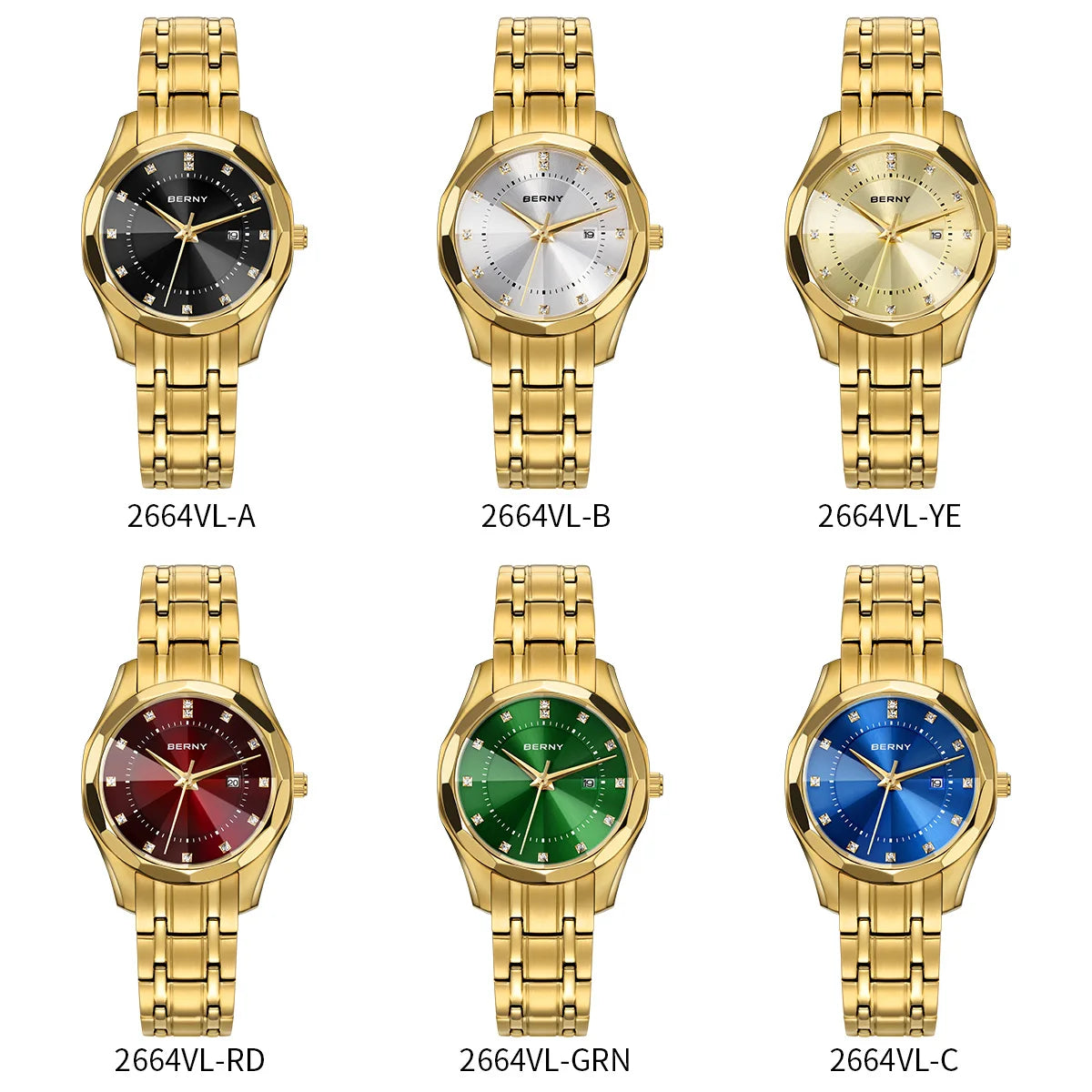 BERNY Golden Watch for Women Quartz Luxury Diamond Shape Lens Ladies Wristwatch Waterproof Stainless Steel Fashion Women Watch