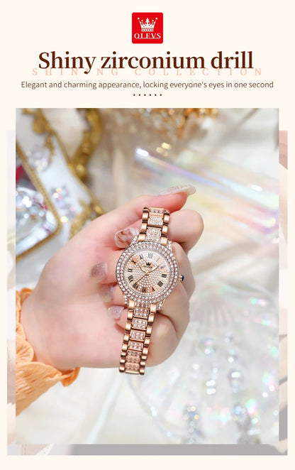 OLEVS 9943  Women's Quartz Watches Roman Dial  Diamond Bezel Luxury Elegant Waterproof Ladies Dress Wristwatch