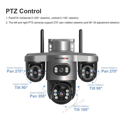 LS VISION Wireless WiFi Solar Camera Three Lens Three Screen 4G Sim Card Solar Cam Human Detection Outdoor Solar Surveillance