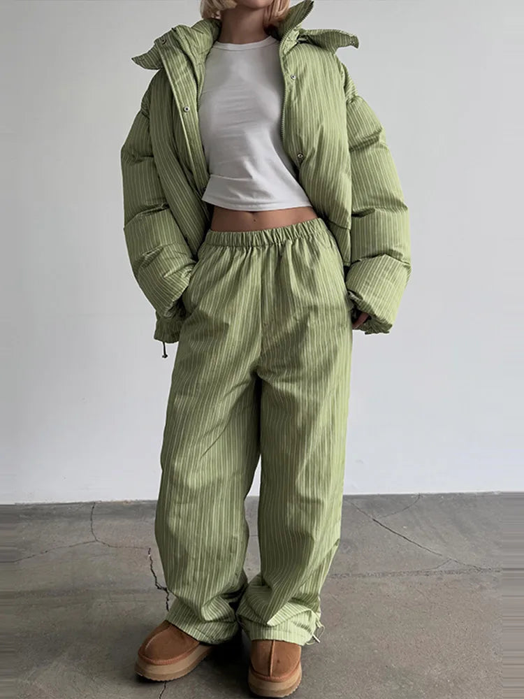 Street Striped Women's Cotton Coat Trouser Suits Hooded Zippers  Autumn Winter Thicken Lady Set 2026 Chic Female Outfits