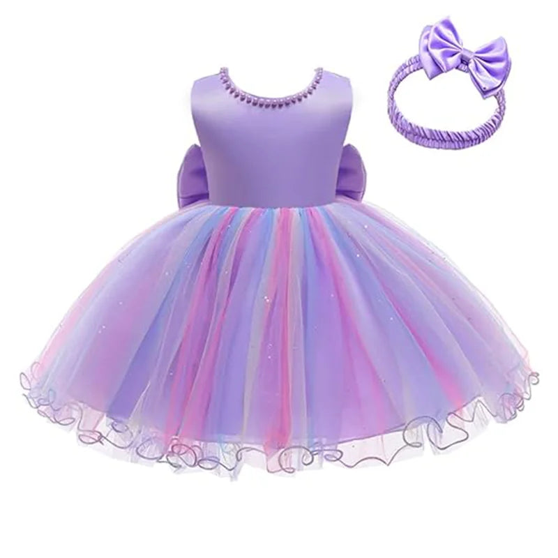 Infant Baby Tulle Backless Pageant Wedding Party Flower Girls Big Bow Dress With Headwear For Toddler Baptism Birthday Prom Gown