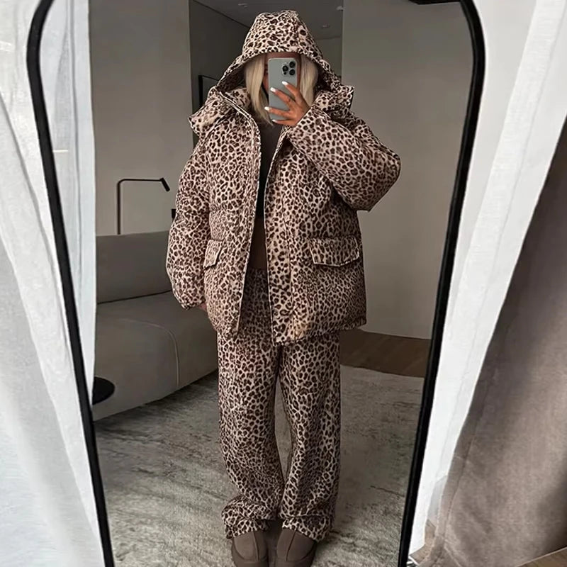 Stripe Women's Padded Cotton Coats Pant Suit Hooded Zipper Puffer Coat Loose Thick Pants 2026 Fashion Lady Autumn Winter Ski Set