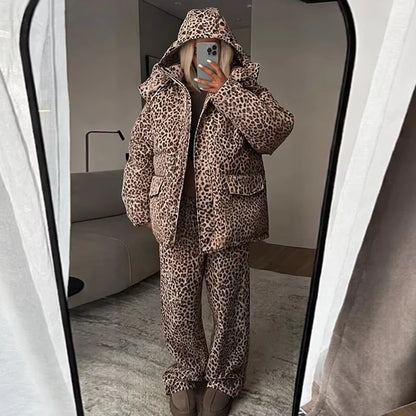 Stripe Women's Padded Cotton Coats Pant Suit Hooded Zipper Puffer Coat Loose Thick Pants 2026 Fashion Lady Autumn Winter Ski Set