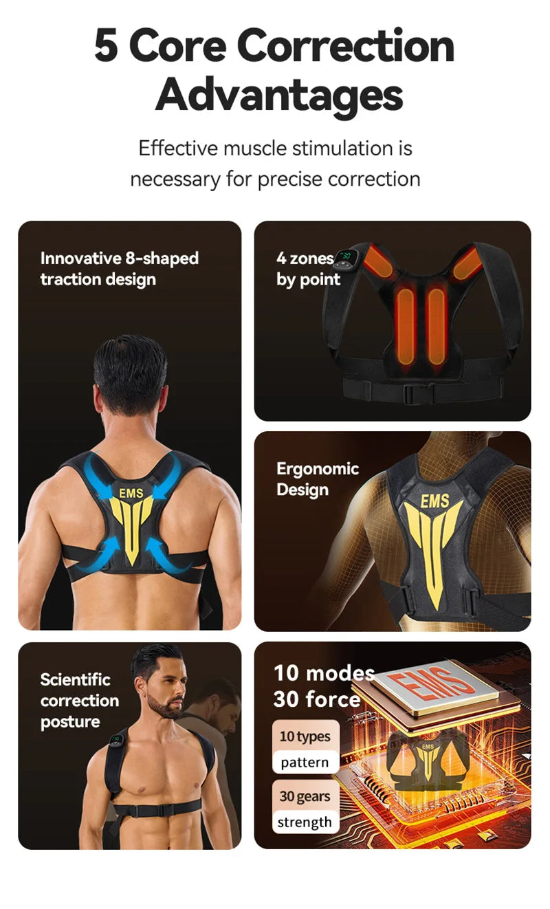 Electric Muscle Stimulator EMS Back Shoulder Vibration Stress Relief Massager Smart Muscle Toner Correct Body Posture USB Charge
