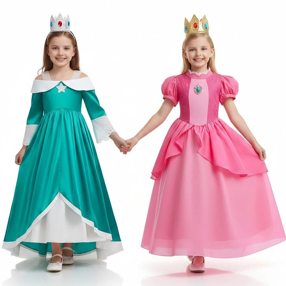 Girls New Game Movies Rosalina Peach Princess Dress Carnival Party Birthday Outfit Peach Cosplay Halloween Costume Dress