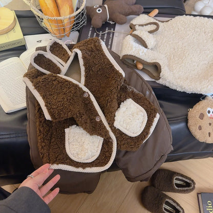 Autumn Winter Baby Lamb Wool Warm Waistcoat Girls Bunny Ears Plush Vest Single Breasted Layer Child Warm Fashion Warm Coat
