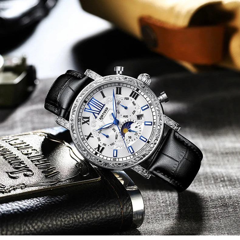 KINYUED Brand Luxury Men's Moon Phase Automatic Mechanical Watch Leather Strap Waterproof Week Date Casual Dress Wrist Watches