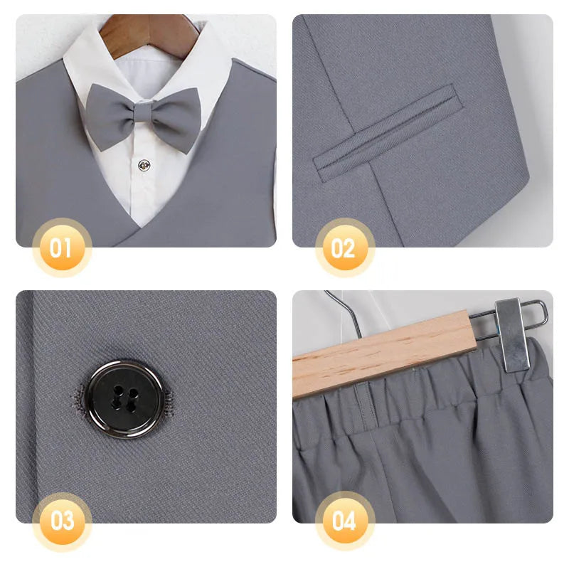Teenager Kids Beige WaistCoat Shirt Pants Bowtie Tuxedo Dress Boys Vest Suit For Wedding Children Host Photograph Party Costume