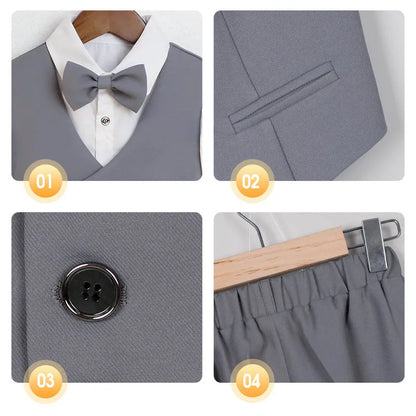 Teenager Kids Beige WaistCoat Shirt Pants Bowtie Tuxedo Dress Boys Vest Suit For Wedding Children Host Photograph Party Costume