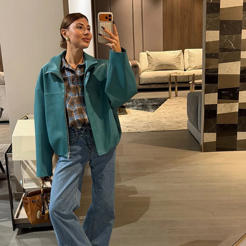 Street Pu Leather Women Jacket Elegant Long Sleeve Zippers Stand Collar Female Outwear 2026 Autumn Winter Chic Lady Coat