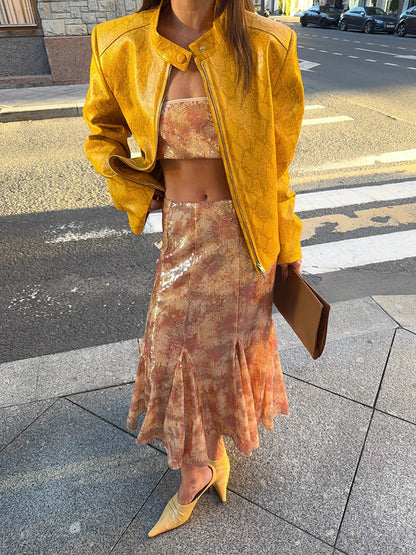 Street Pu Leather Women Jacket Elegant Long Sleeve Zippers Stand Collar Female Outwear 2026 Autumn Winter Chic Lady Coat