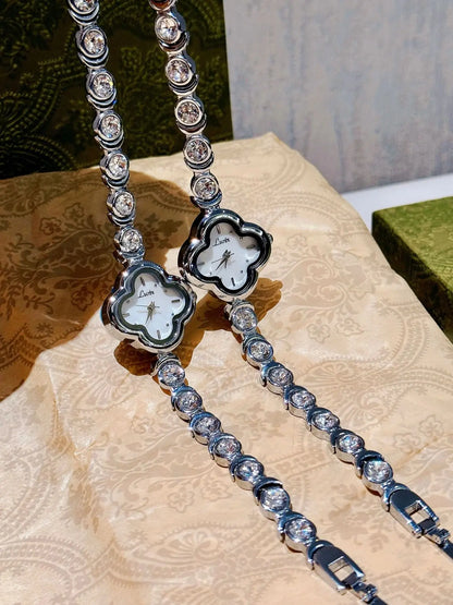 1 New Silver Inlaid 2 Carat Rhinestone Bracelet Ladies Watch Four-Leaf Clover Mother-of-Pearl Dial Waterproof Quartz Watch