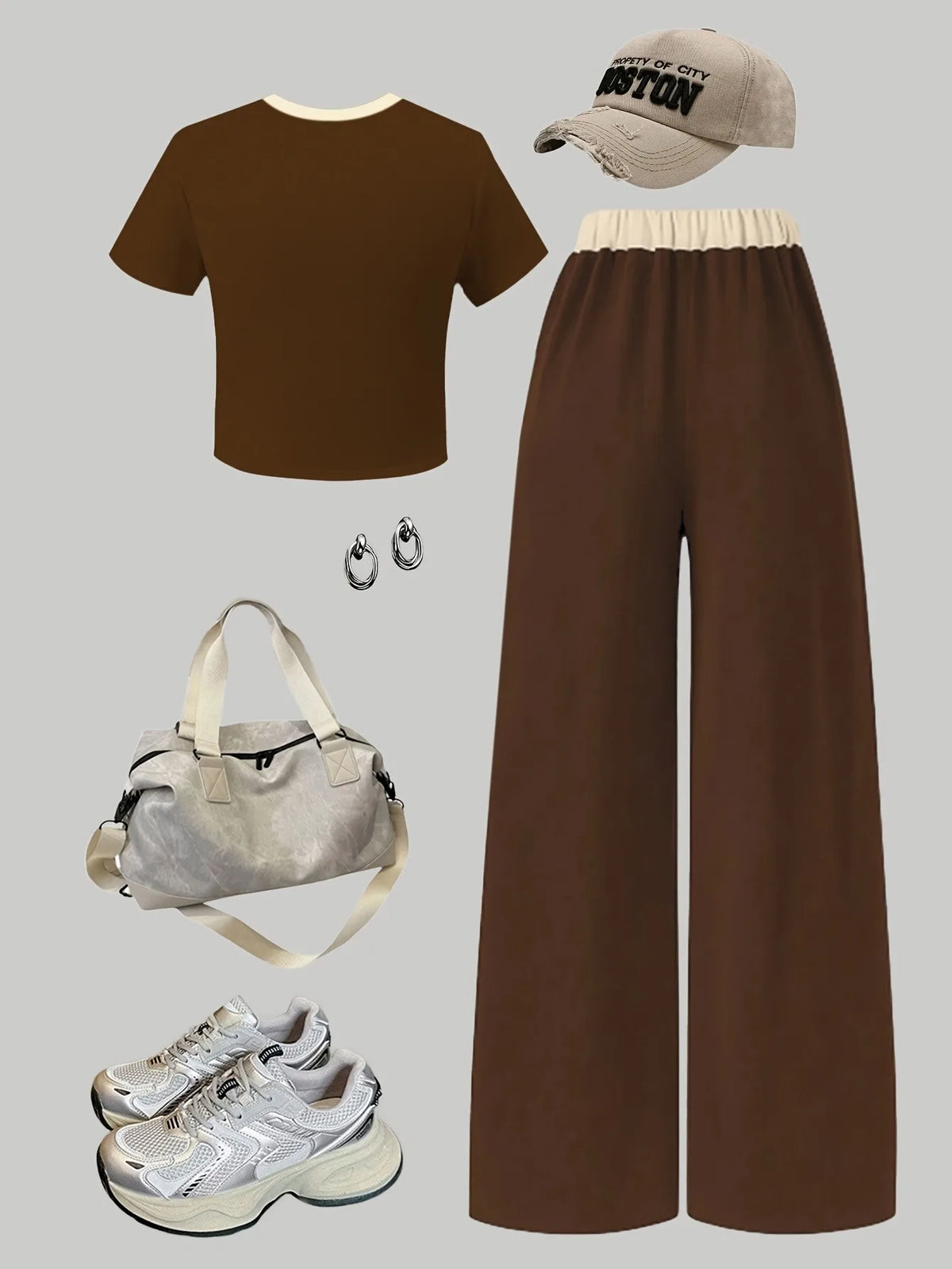 Trendy Girls 2Pcs Brown Coquette Outfit, Bow Print Short Sleeve Crop Top & Elastic Waist Wide Leg Pants