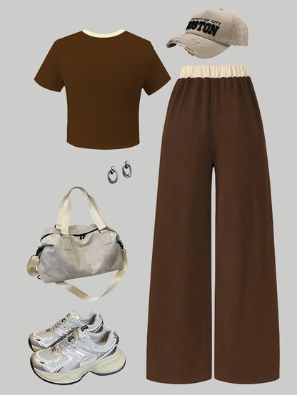 Trendy Girls 2Pcs Brown Coquette Outfit, Bow Print Short Sleeve Crop Top & Elastic Waist Wide Leg Pants