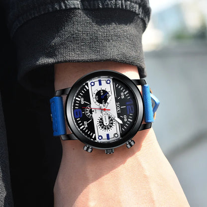 Sleek Men’s Watch Chic Brown Leather Band Quartz Watch Modern Black White Orange Three Eye Contrast Color Chronograph Wristwatch