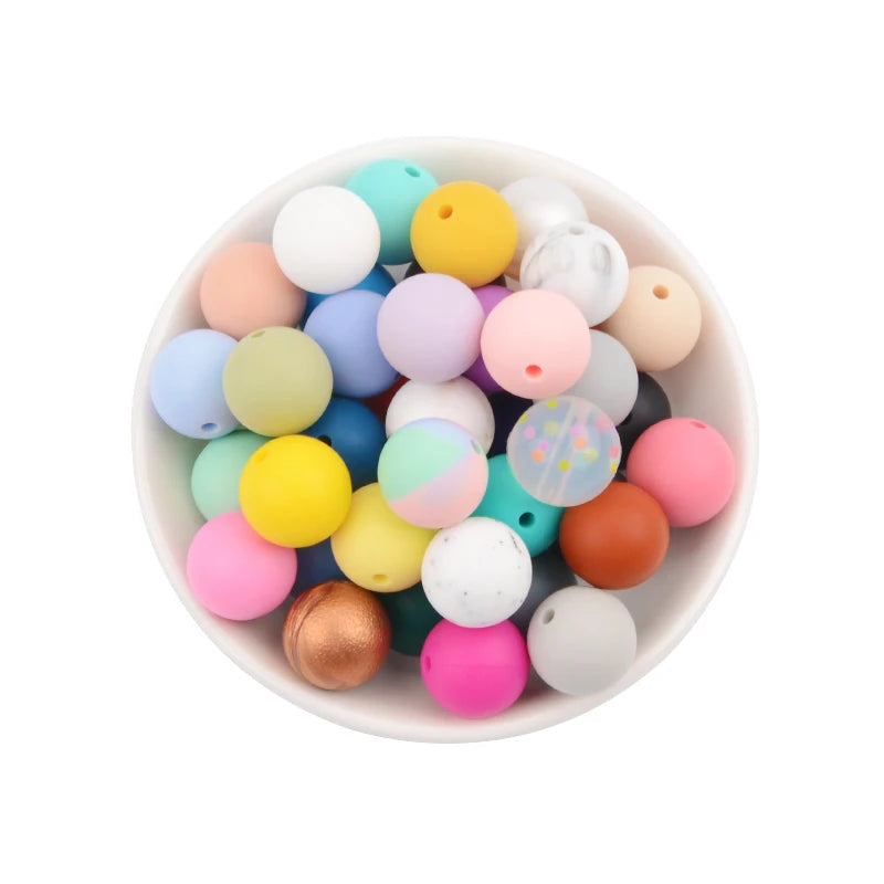 LOFCA 15mm 20pcs/lot Silicone Loose Beads Safe Teether Round Baby Teething Beads DIY Chewable Colorful Teething For Infant