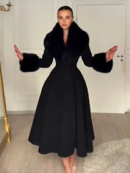 Women Wool Blend Coat Faux Fur Collar And Cuffs Fitted Waist Flared Maxi Silhouette Outerwear Winter Elegant Street Overcoat