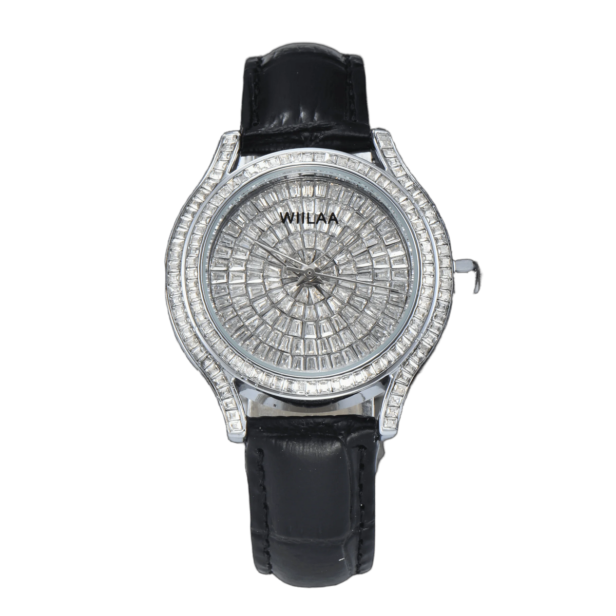 WIILAA Luxury Women's Crystal Quartz Watch - Full Baguette Rhinestone Dial Black Leather Strap Ladies Fashion Wristwatch for Par