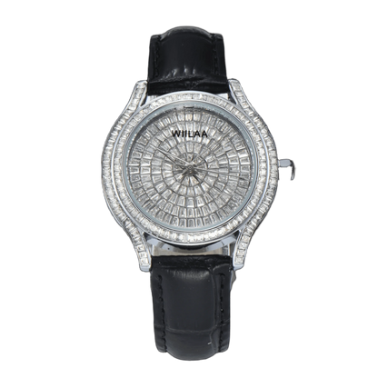 WIILAA Luxury Women's Crystal Quartz Watch - Full Baguette Rhinestone Dial Black Leather Strap Ladies Fashion Wristwatch for Par