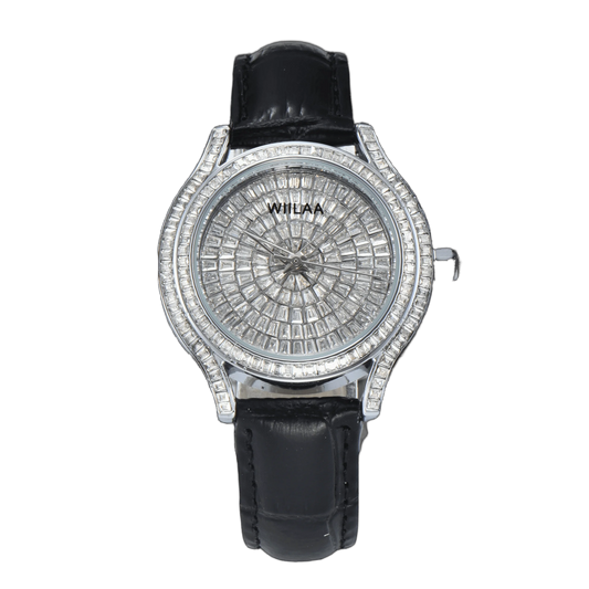 WIILAA Luxury Women's Crystal Quartz Watch - Full Baguette Rhinestone Dial Black Leather Strap Ladies Fashion Wristwatch for Par
