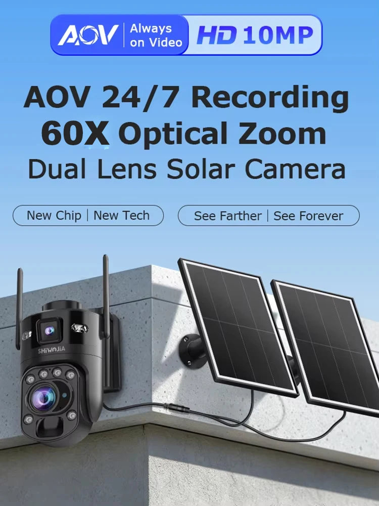 SHIWOJIA 60X ZOOM Solar Camera 4G 10MP AOV 24/7 Video Recording Dual Lens 360° 14W Solar Panel Security WIFI Camera PIR Monitor