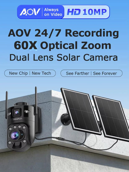 SHIWOJIA 60X ZOOM Solar Camera 4G 10MP AOV 24/7 Video Recording Dual Lens 360° 14W Solar Panel Security WIFI Camera PIR Monitor