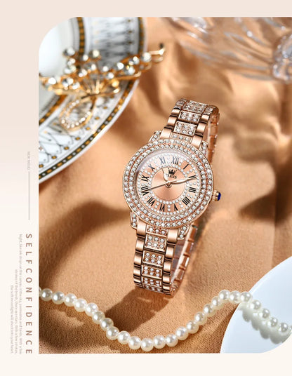 OLEVS 9943  Women's Quartz Watches Roman Dial  Diamond Bezel Luxury Elegant Waterproof Ladies Dress Wristwatch
