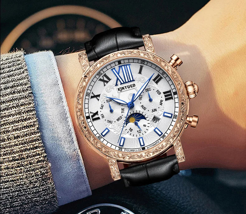 KINYUED Brand Luxury Men's Moon Phase Automatic Mechanical Watch Leather Strap Waterproof Week Date Casual Dress Wrist Watches