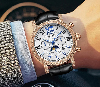 KINYUED Brand Luxury Men's Moon Phase Automatic Mechanical Watch Leather Strap Waterproof Week Date Casual Dress Wrist Watches
