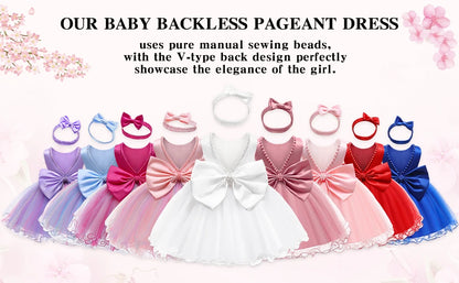 Infant Baby Tulle Backless Pageant Wedding Party Flower Girls Big Bow Dress With Headwear For Toddler Baptism Birthday Prom Gown