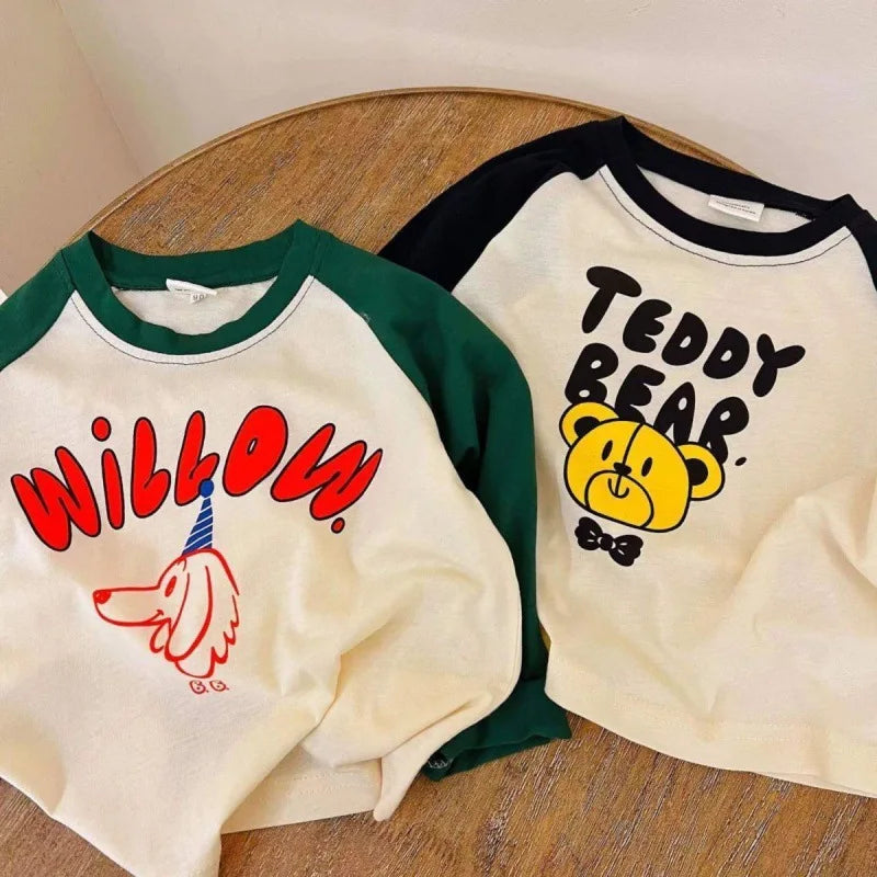 1-7y Toddler Infant Spring Autumn Tops Cartoon Printed Tees For Baby Girl Boy Long-Sleeved Casual Costume Fashion Patchwork Tees