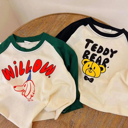 1-7y Toddler Infant Spring Autumn Tops Cartoon Printed Tees For Baby Girl Boy Long-Sleeved Casual Costume Fashion Patchwork Tees