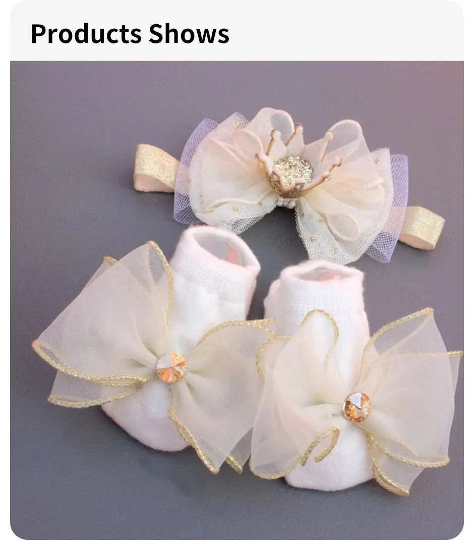 2 Pcs/Set Crown Baby Headband Socks Lace Bows Newborn Infant Girl Socks Hairband Set Kids Hair Accessories