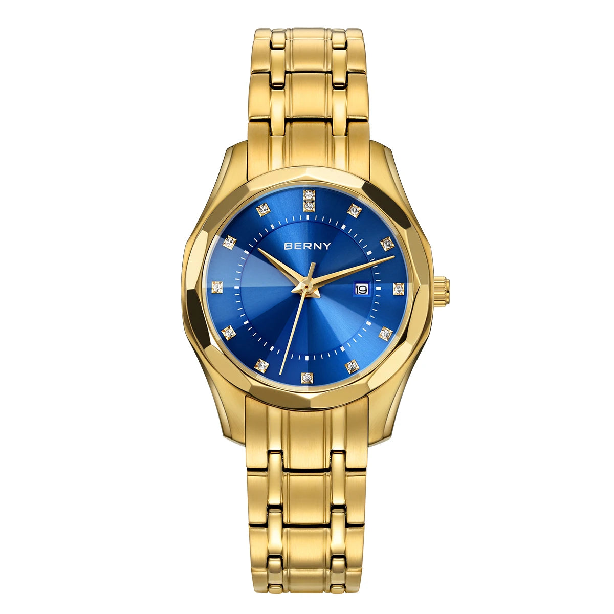 BERNY Golden Watch for Women Quartz Luxury Diamond Shape Lens Ladies Wristwatch Waterproof Stainless Steel Fashion Women Watch