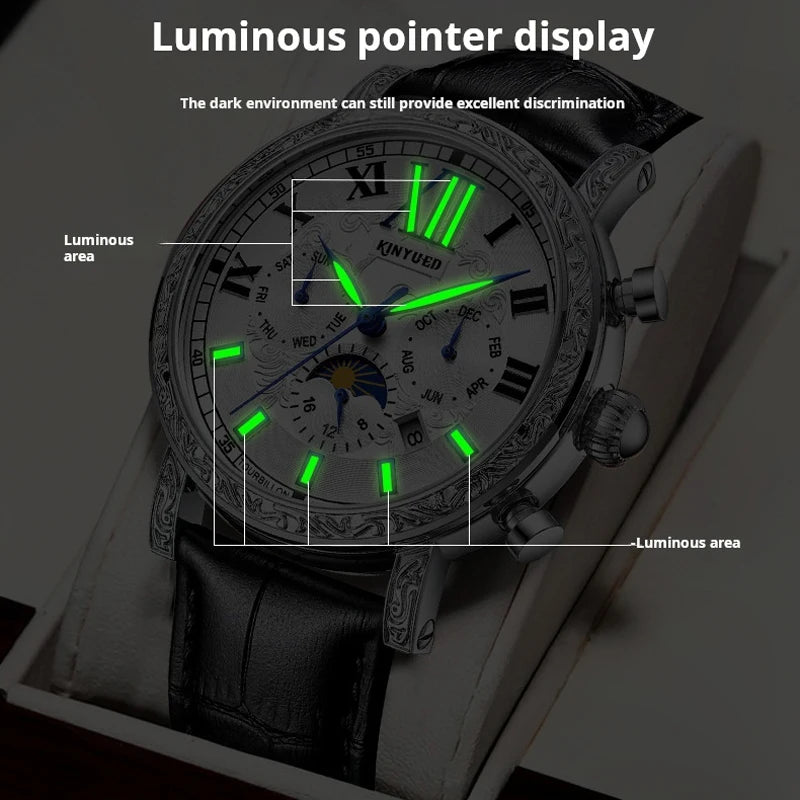 KINYUED Brand Luxury Men's Moon Phase Automatic Mechanical Watch Leather Strap Waterproof Week Date Casual Dress Wrist Watches