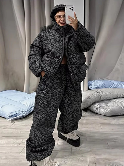 Stripe Women's Padded Cotton Coats Pant Suit Hooded Zipper Puffer Coat Loose Thick Pants 2026 Fashion Lady Autumn Winter Ski Set