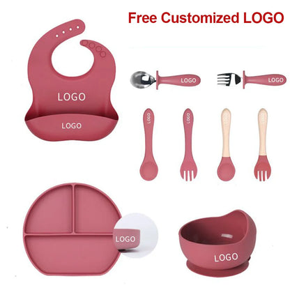 Feeding Set Silicone For Baby Sucker Bowl Dishes Plate For Kids Bear Plate Set Baby Tableware Children's Cup With Straw 8Pcs