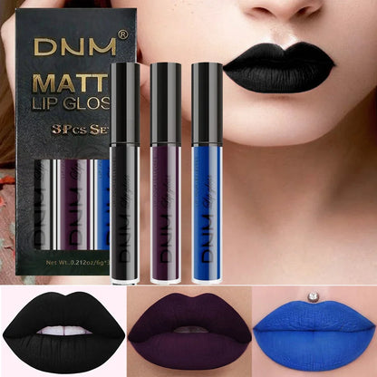 DNM 3PCS Liquid Lipstick Sets Waterproof Matte Black Blue Purple Blue Sexy Lip Gloss Long Lasting Nude Lip Tint Stain Makeup Kit