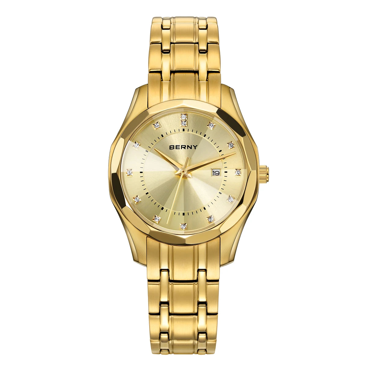 BERNY Golden Watch for Women Quartz Luxury Diamond Shape Lens Ladies Wristwatch Waterproof Stainless Steel Fashion Women Watch