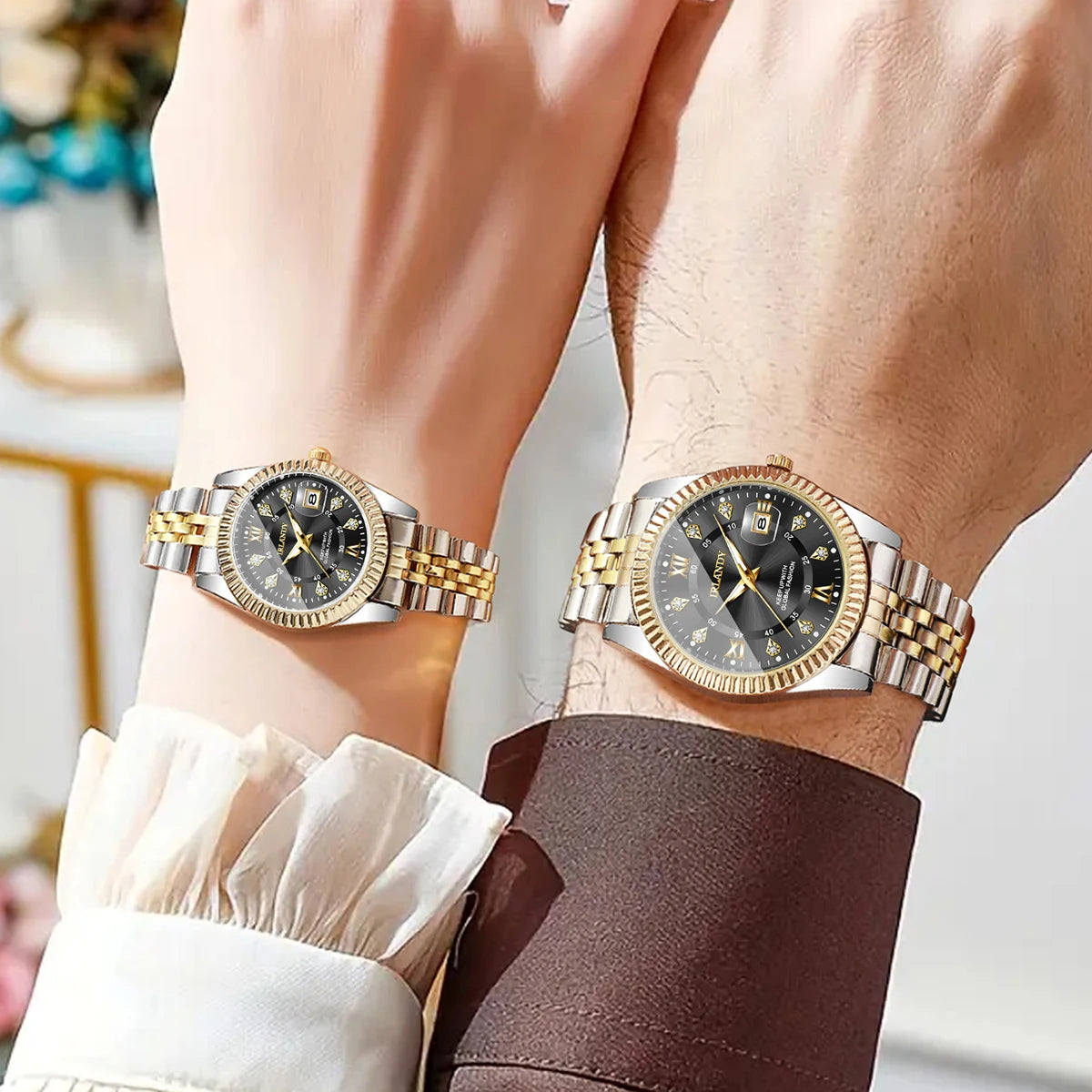 2PCS Fashion Couple's Watches Set Luxury Rhinestone Roma Dial Women Quartz Watch Men Calendar Business Wristwatches（Without Box）